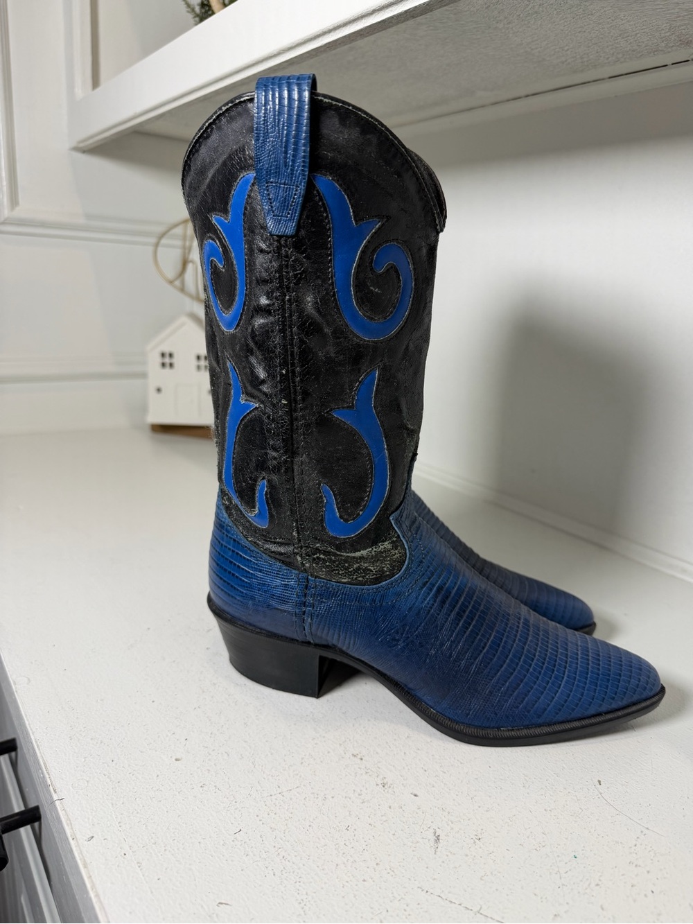 Laredo Cowboy Boots Women's 6 Blue Lizard Print Black Leather Western Colorful - Picture 5 of 9